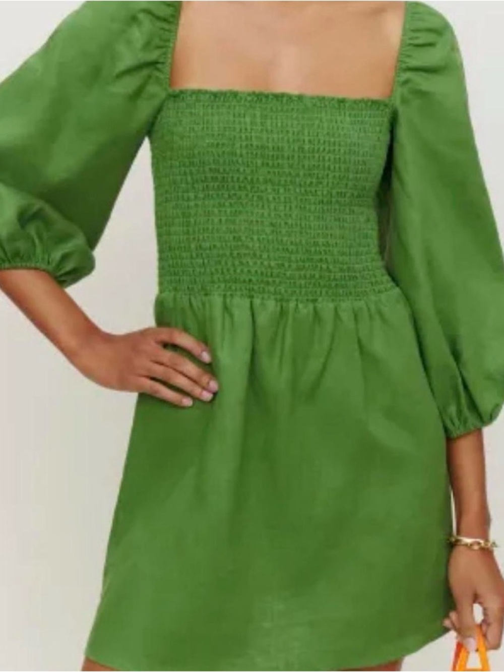Reformation Greyson Green Smocked Square-Neck Linen Mini Dress with Puff Sleeves - Picture 2 of 7